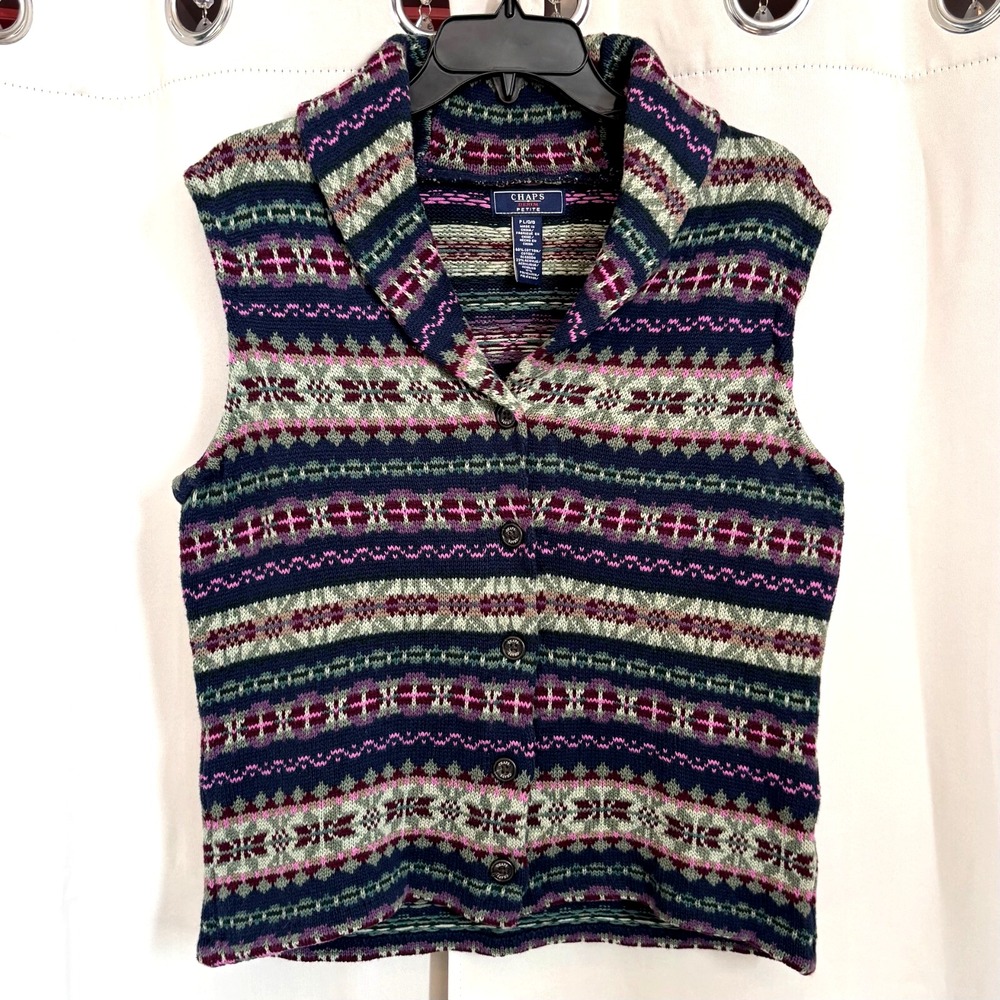 Vtg Chaps Womens‎ Sweater Vest Petite Oversized Small Western Nordic Boho 18352